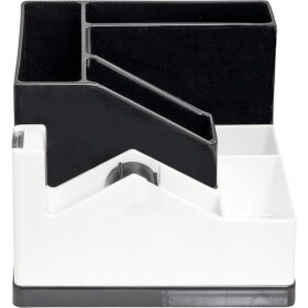 Schreibtisch-Organizer POSEIDON, schwarz/weiß, 5 Fächer, mit Klebebandabroller, 360° drehbar