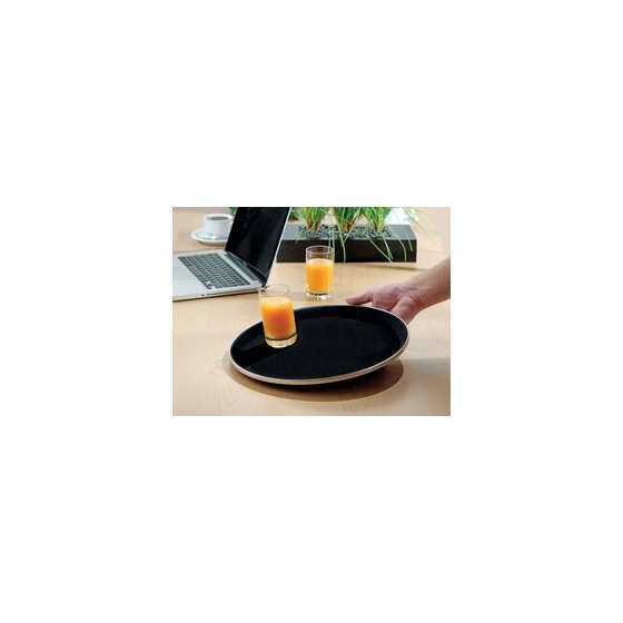 Antirutsch-Tablett TENNESSEE, rund, Boden aus Fiberglas, Oberfläche aus Gummi, mit Edelstahlapplikation.