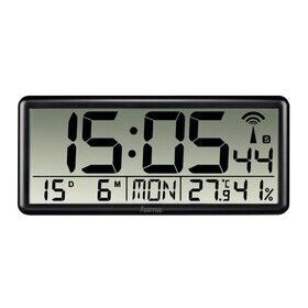 Wanduhr Jumbo, schwarz, 36x16 cm, Funkuhr, mit Datum, Wochentag, Raumtemperatur LED-Anzeige, mit Thermometer (Messbereich: 0 bis 50°C), Hygrometer (Messbereich: 20 bis 95 %)