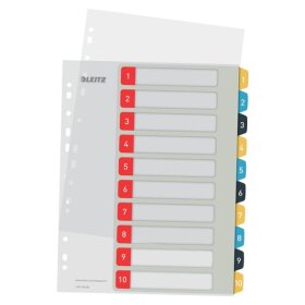 Kunststoffregister DIN A4, 10tlg., 1 - 10, Überbreite, PP, farbig, Universallochung