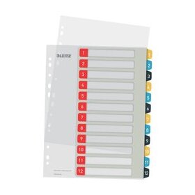 Kunststoffregister DIN A4, 12tlg., 1 - 12, Überbreite, PP, farbig, Universallochung