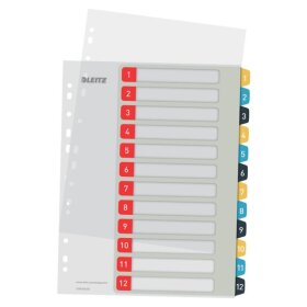 Kunststoffregister DIN A4, 12tlg., 1 - 12, Überbreite, PP, farbig, Universallochung