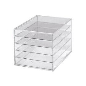 Schubladenbox, transparent, glasklar, für DIN A4, Acryl, 5 Schübe geschlossen, mit Griffloch