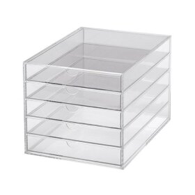 Schubladenbox, transparent, glasklar, für DIN A4, Acryl, 5 Schübe geschlossen, mit Griffloch