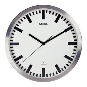 Wanduhr MAULpilot, silber, Ø 30 cm, Funkuhr, Glaslinse, 3 Zeiger (Stunde, Minute, Sekunde), schwarze Balkenstriche und Zeiger auf weißem Grund