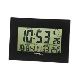 Tischuhr MAULflow, schwarz, 23x16 cm, LCD-Funkuhr, mit Uhrzeit, Wochentag, Temperatur Anzeige, und Alarmfunktion