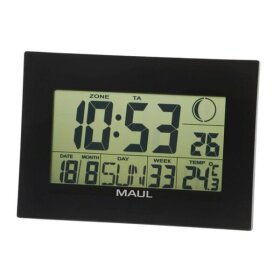 Tischuhr MAULflow, schwarz, 23x16 cm, LCD-Funkuhr, mit Uhrzeit, Wochentag, Temperatur Anzeige, und Alarmfunktion