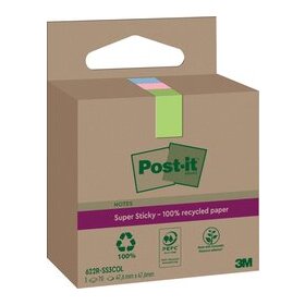 Recycling Notes Post-it Super Sticky, 47,6 x47,6 mm, 1 Pack = 3 Blöcke, farbig sortiert