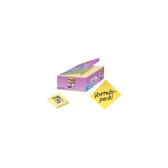 Post-it Super Sticky Notes, Vorteilspack mit 24 Blöcken á 90 Blatt im Karton, gelb, 48 x 48 mm, nicht einzeln, cellophaniert, PEFC zertifiziert, VE = 1 Packung = 24 Blöcke
