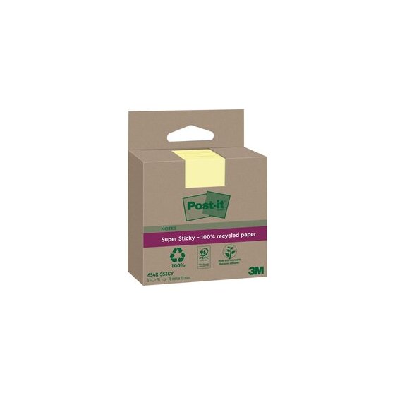 Recycling Notes Post-it Super Sticky, 76 x 76 mm, 1 Pack = 3 Blöcke, gelb