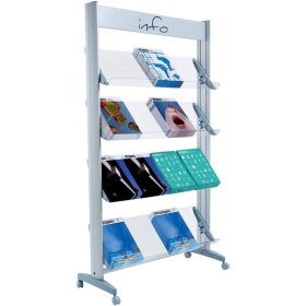 Prospektständer Mobile, mit Plexiglasablagen für 12 Prospekte, 167,8 x 72 x 38,5 cm, Anschlagkante 4 cm, alu