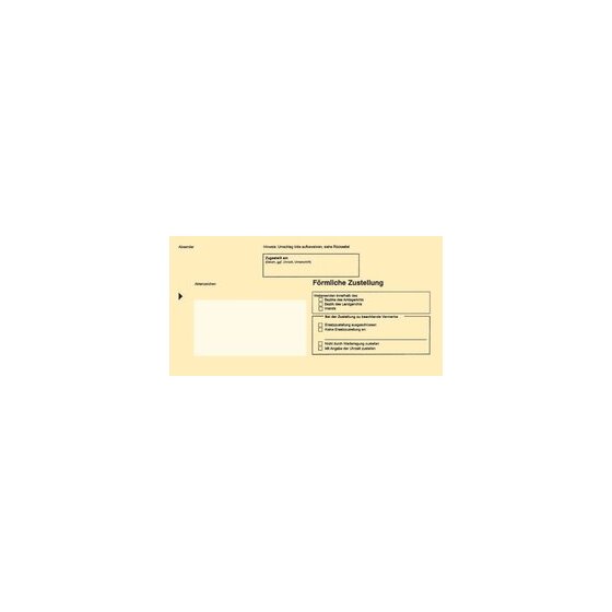 Postzustellungsumschlag, DIN lang, mit Sichtfenster, 220 x 110 mm, Recycling, 80g/qm, der innere Umschlag dient der Übersendung des zuzustellenden Schriftstückes an den Empfänger, nassklebend, Einstecköffnung für die Zustellungsurkunde hinten, gelb,  VE =