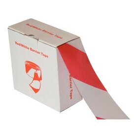 Absperr- und Flatterband, aus Polyethylen, 32my,  Rolle mit 500 m x 72 mm, im Abrollkarton, rot/weiß