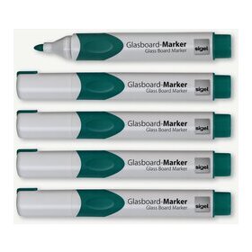 GLasboardmarker, Rundspitze, 2 - 3 mm, grün, abwischbar, Etui mit 5 Stiften