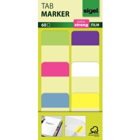Tab Marker, Folie, extra stabil, 38 x 25 mm, 6 Farben lemon, pink, blau, violett, weiß, gelb, VE = 1 Stück = 60 Marker