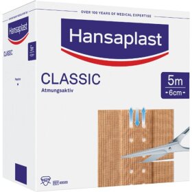 Hansaplast, starres Wundpflaster, hautfarbenes Viskosegewebe,  luftdurchlässig. 5 m x 6 cm