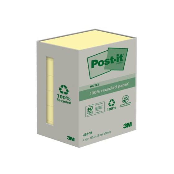 Post-it® Recycling Notes - 38 x 51 mm, pastellgelb, 6 x 100 Blatt