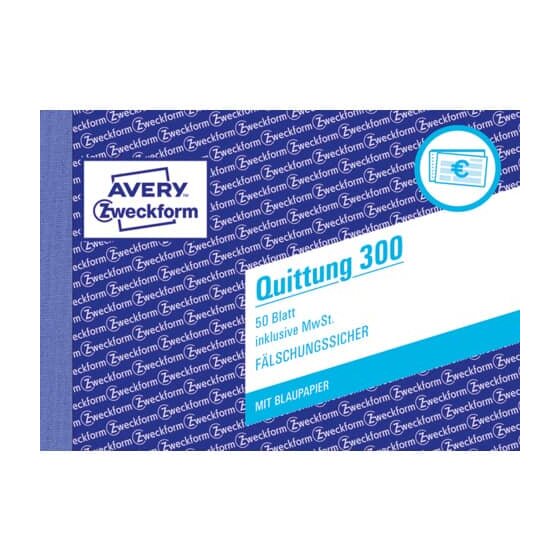 Avery Zweckform® 300 Quittung inkl. MwSt. - A6 quer, MP, BL, fälschungssicher, 50 Blatt