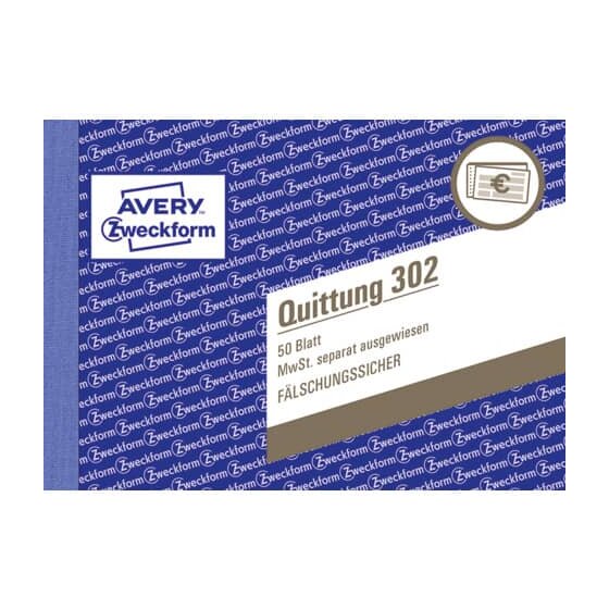 Avery Zweckform® 302 Quittung MwSt. separat ausgewiesen - A6 quer, MP, fälschungssicher, 50 Blatt, weiß