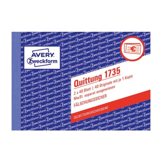 Avery Zweckform® 1735 Quittung MwSt. separat ausgewiesen, DIN A6 quer, fälschungssicher, 2 x 40 Blatt, weiß, gelb