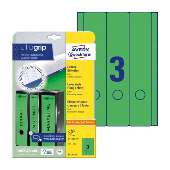 Avery Zweckform® L4754-20 Ordner-Etiketten - breit/lang, (A4 - 20 Blatt) 60 Stück, grün