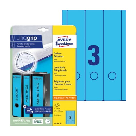 Avery Zweckform® L4753-20 Ordner-Etiketten - breit/lang, (A4 - 20 Blatt) 60 Stück, blau