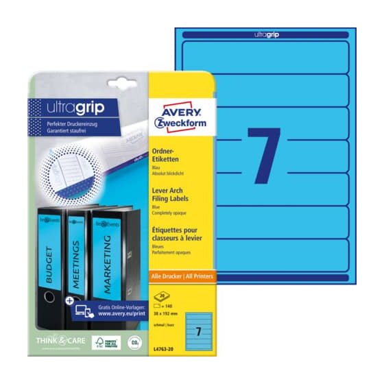 Avery Zweckform® L4763-20 Ordner-Etiketten - schmal/kurz, (A4 - 20 Blatt) 140 Stück, blau