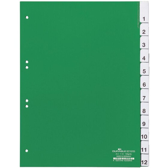 Durable Zahlenregister - Hartfolie, 1-12 + Jan.-Dez., grün, A4, 12 Blatt