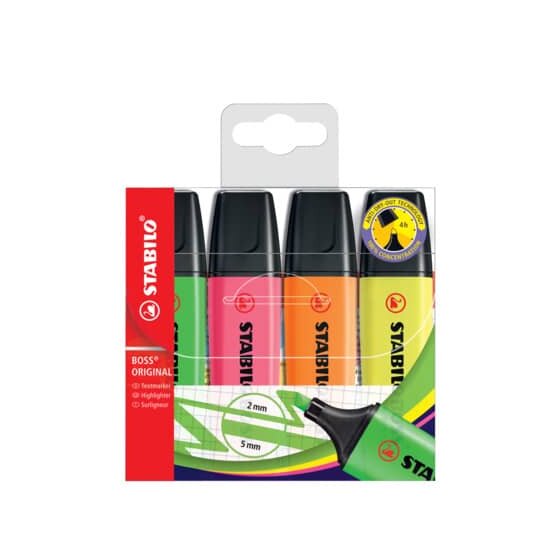 STABILO® Textmarker - BOSS ORIGINAL - 4er Pack - gelb, orange, grün, pink